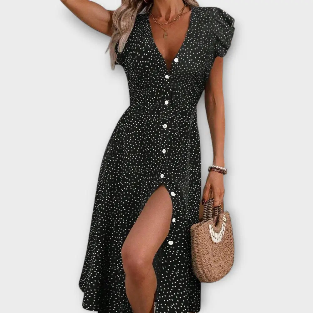 Clara – Vestido Lunares Elegancia Atemporal